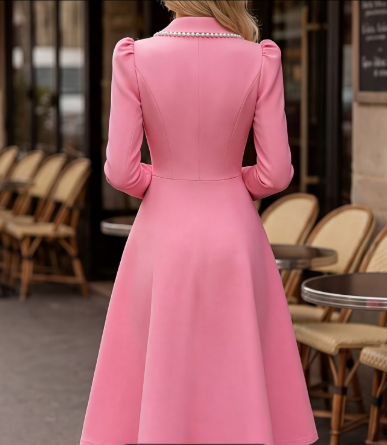 Double‑Breasted Pearl Button Flared Dress