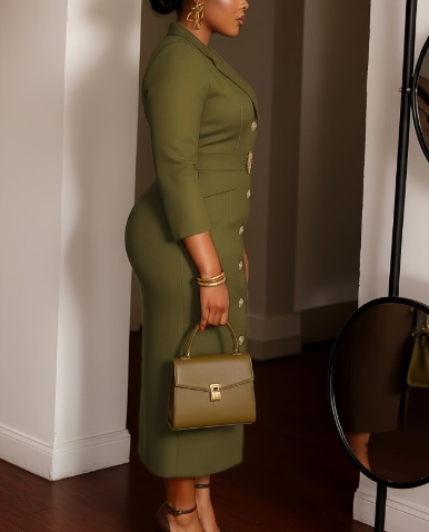 V‑Neck Lapel Dress Jacket with Metal Belt Buckle