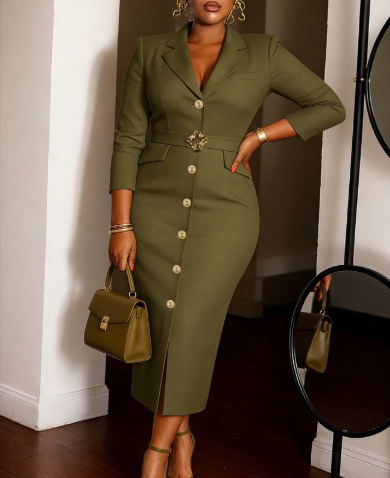 V‑Neck Lapel Dress Jacket with Metal Belt Buckle