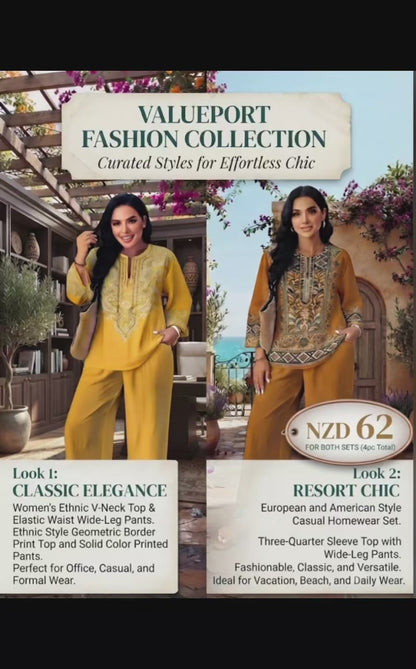Women's Ethnic V-Neck Top & Wide-Leg Pants 2-Piece Sets Casual & Office Wear Collection