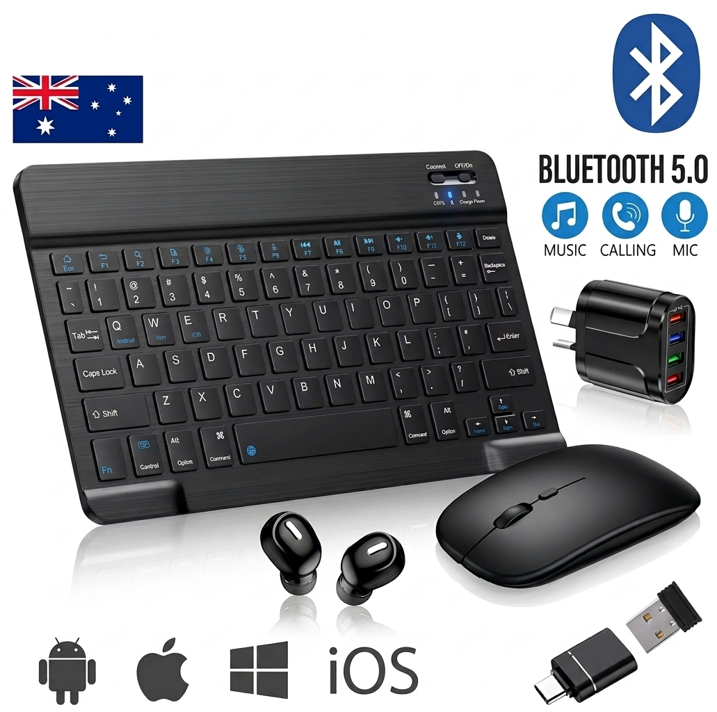 Premium 5-in-1 Wireless Productivity Bundle – Bluetooth Keyboard, Silent Mouse, V5.0 Earbuds & 4-Port Fast Charger