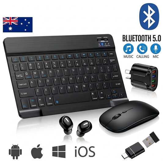 Premium 5-in-1 Wireless Productivity Bundle – Bluetooth Keyboard, Silent Mouse, V5.0 Earbuds & 4-Port Fast Charger