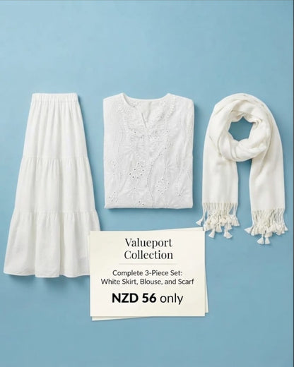 Chic 3-Piece Outfit Set: White Blouse, Skirt & Scarf NZD 56 Only
