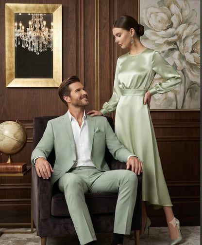Luxury Light Green Satin Dress, Jade Earrings & Floral Nail Art Gift Set for Women