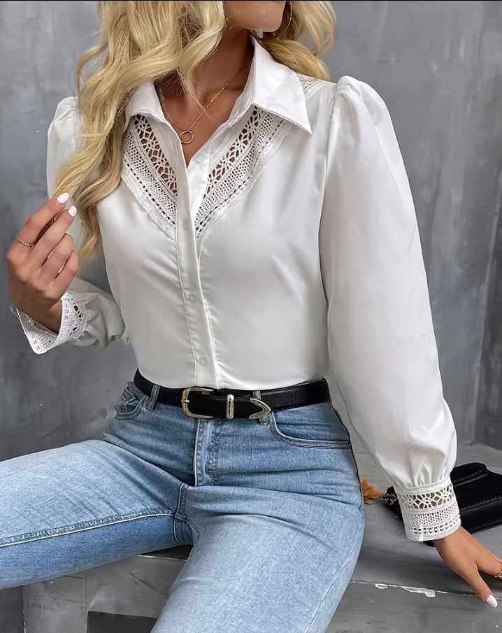 Ethereal Charm: Lace-Inlay Puff Sleeve Blouse