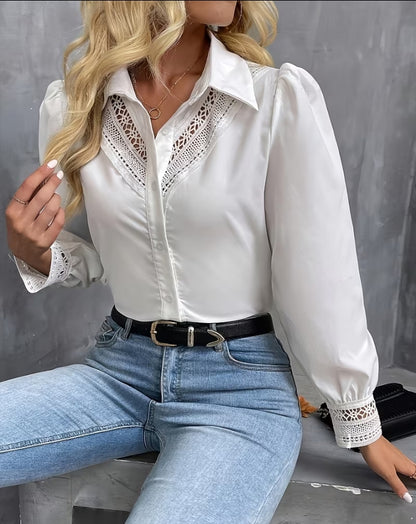 Ethereal Charm: Lace-Inlay Puff Sleeve Blouse
