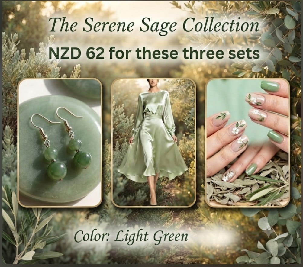 Luxury Light Green Satin Dress, Jade Earrings & Floral Nail Art Gift Set for Women