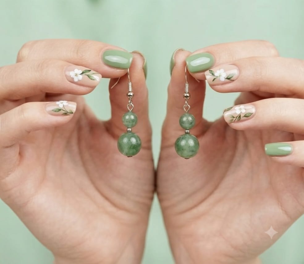 Luxury Light Green Satin Dress, Jade Earrings & Floral Nail Art Gift Set for Women