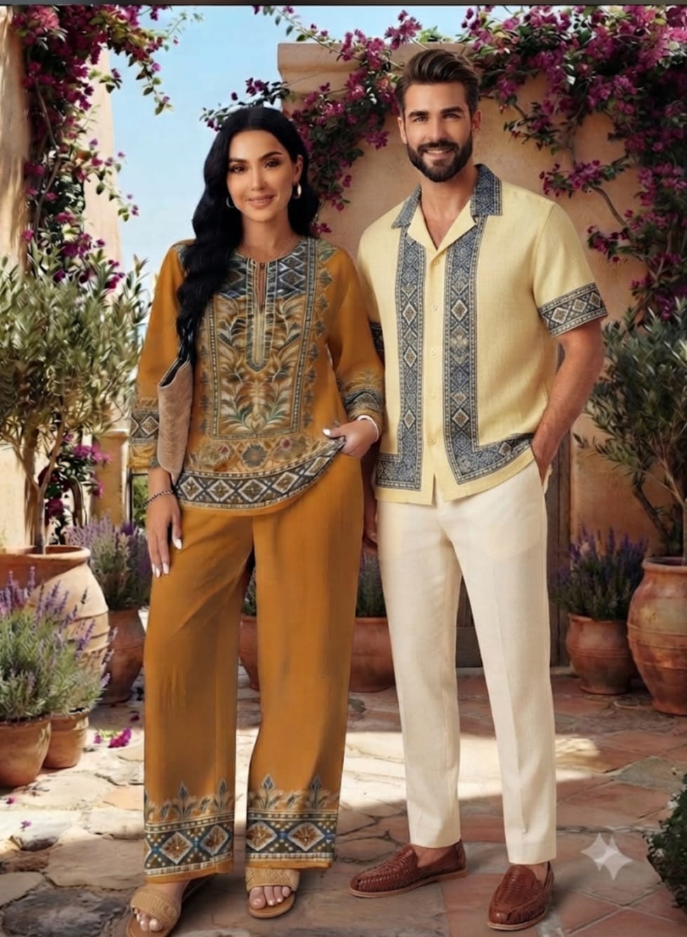 Women's Ethnic V-Neck Top & Wide-Leg Pants 2-Piece Sets Casual & Office Wear Collection