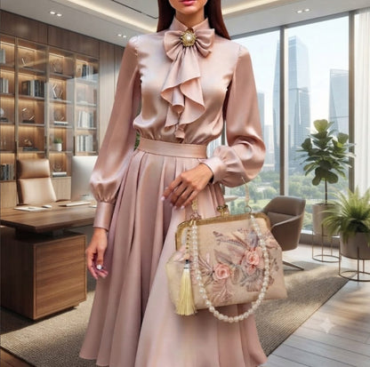 Sophisticated French-Style Long Sleeve Blouse & Skirt Set with Embroidered Clutch & Floral Earrings | Elegant Women's Collection