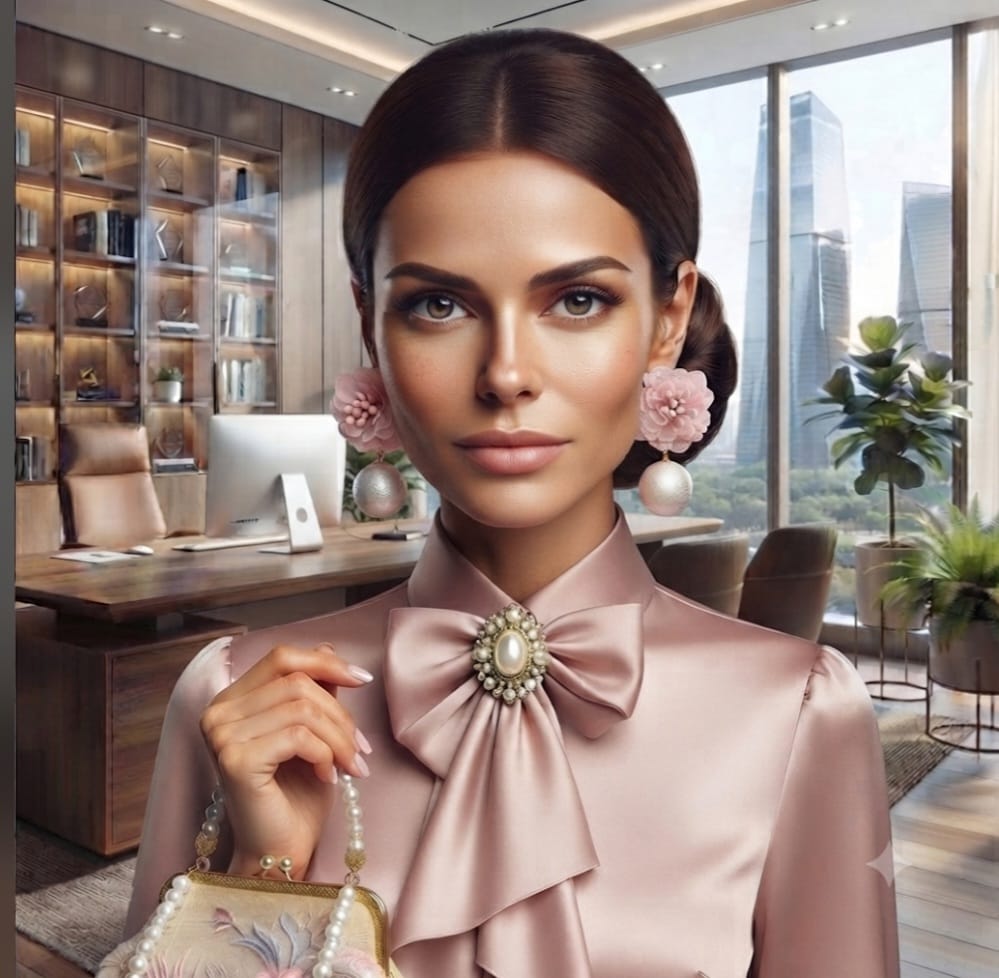 Sophisticated French-Style Long Sleeve Blouse & Skirt Set with Embroidered Clutch & Floral Earrings | Elegant Women's Collection