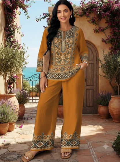 Women's Ethnic V-Neck Top & Wide-Leg Pants 2-Piece Sets Casual & Office Wear Collection