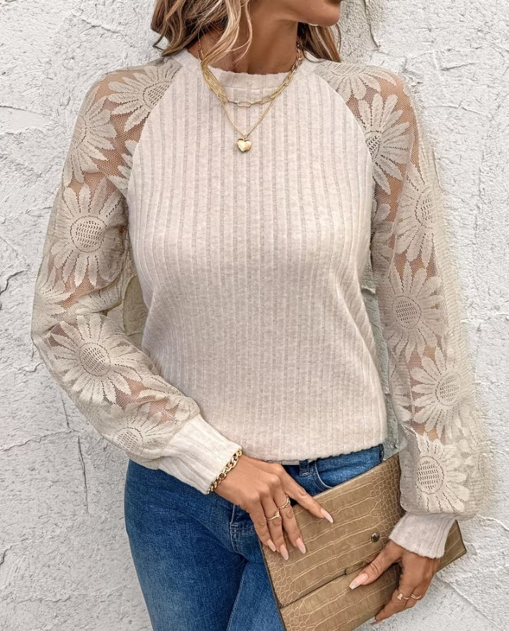 Floral Lace Sleeve Ribbed Knit Blouse