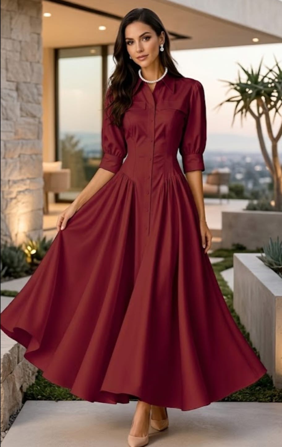 Elegant Women’s POLO Collar Dress & 3-Piece Zirconia Jewelry Set | Complete Fashion Outfit Bundle