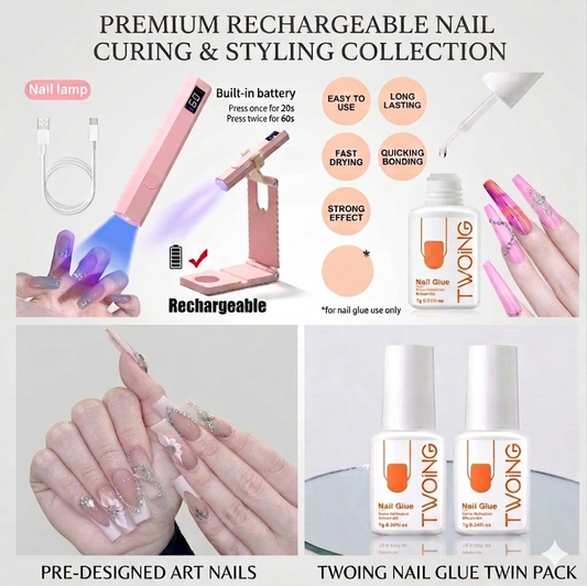 Nail Pro: Complete Rechargeable Curing & Styling Kit plus Pre-Designed Art Nails,