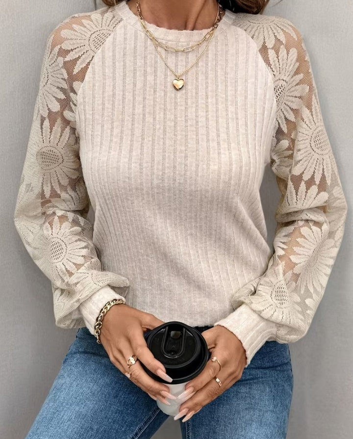 Floral Lace Sleeve Ribbed Knit Blouse
