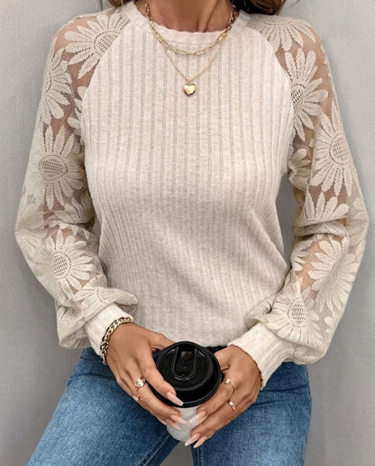 Floral Lace Sleeve Ribbed Knit Blouse