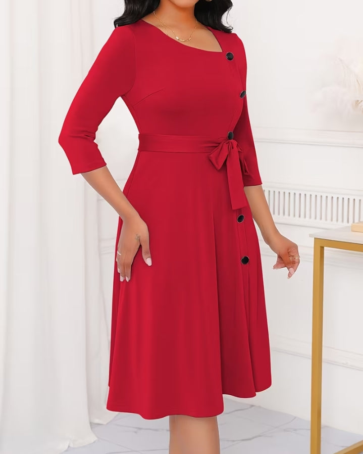 Elegant A-Line Button-Detail Midi Dress
