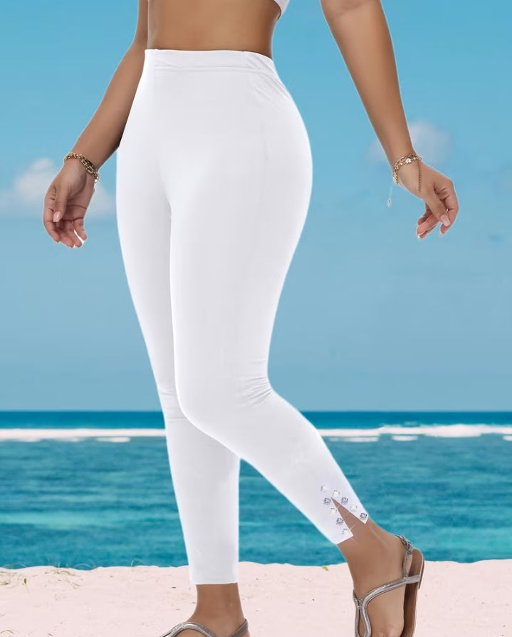 Rhinestone Ankle-Slit Leggings