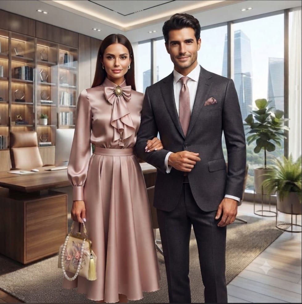 Sophisticated French-Style Long Sleeve Blouse & Skirt Set with Embroidered Clutch & Floral Earrings | Elegant Women's Collection