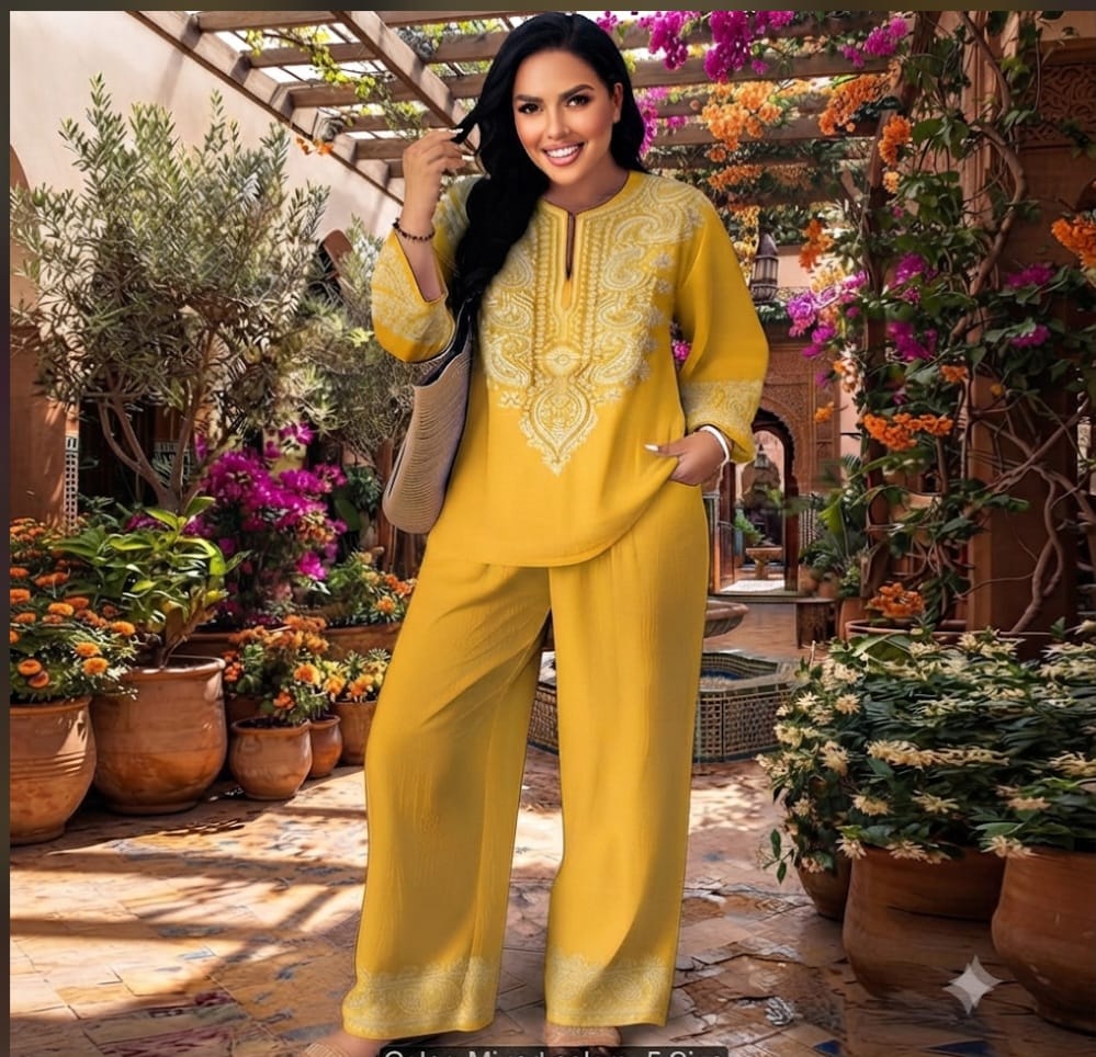 Women's Ethnic V-Neck Top & Wide-Leg Pants 2-Piece Sets Casual & Office Wear Collection