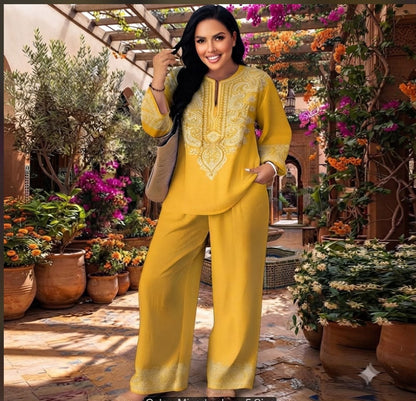 Women's Ethnic V-Neck Top & Wide-Leg Pants 2-Piece Sets Casual & Office Wear Collection