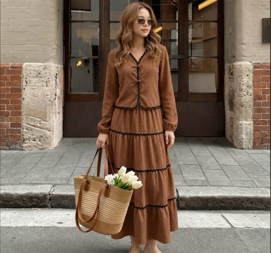 French Vintage 2-Piece Dress Set & Handmade Woven Bag Bundle | Women's Fashion