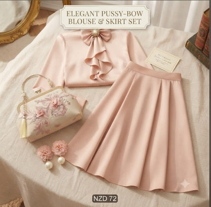 Sophisticated French-Style Long Sleeve Blouse & Skirt Set with Embroidered Clutch & Floral Earrings | Elegant Women's Collection