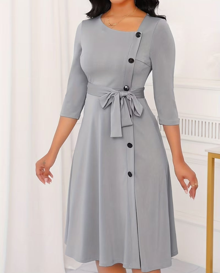 Elegant A-Line Button-Detail Midi Dress