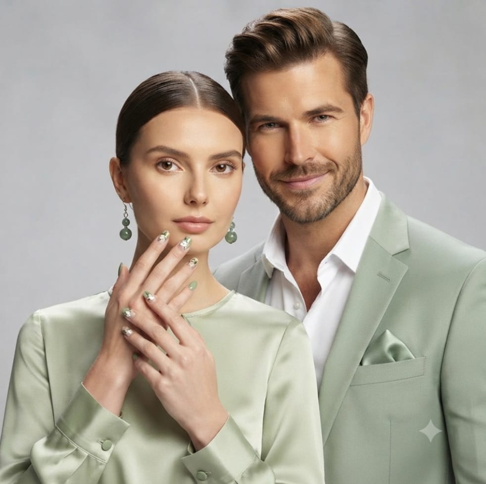 Luxury Light Green Satin Dress, Jade Earrings & Floral Nail Art Gift Set for Women