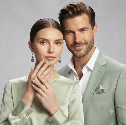 Luxury Light Green Satin Dress, Jade Earrings & Floral Nail Art Gift Set for Women
