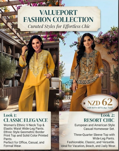 Women's Ethnic V-Neck Top & Wide-Leg Pants 2-Piece Sets Casual & Office Wear Collection
