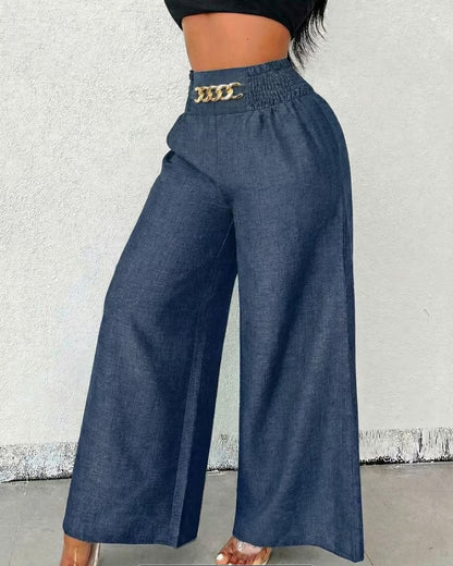 Chic Chain-Accent Wide-Leg Trousers