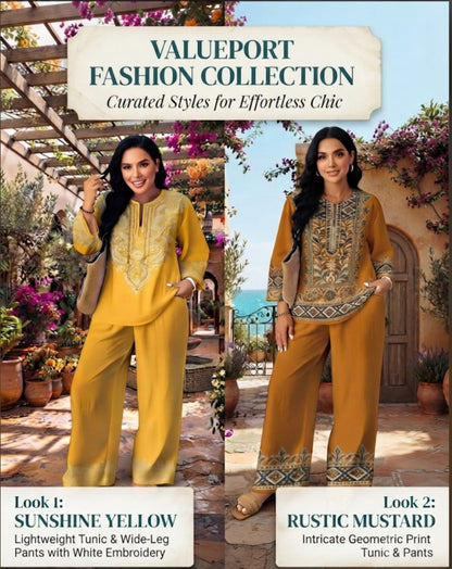 Women's Ethnic V-Neck Top & Wide-Leg Pants 2-Piece Sets Casual & Office Wear Collection