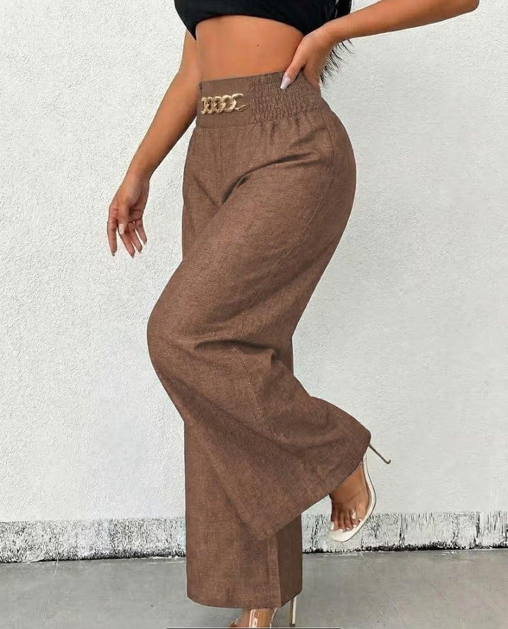 Chic Chain-Accent Wide-Leg Trousers