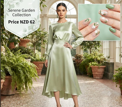 Luxury Light Green Satin Dress, Jade Earrings & Floral Nail Art Gift Set for Women