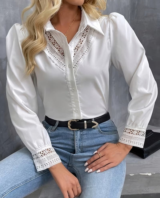 Ethereal Charm: Lace-Inlay Puff Sleeve Blouse