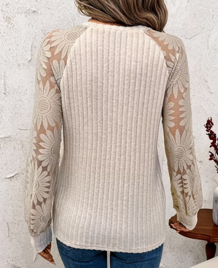Floral Lace Sleeve Ribbed Knit Blouse